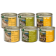 Sechs Dosen Haustierfutter mit der Aufschrift "Wilderness" mit Geschmacksrichtungen: Reines Huhn, Wahres Land (Huhn & Lachs) und Reiner Truthahn, mit Nährwertangaben.