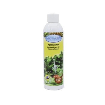 Flasche AQUARIS Aqua Flora, ein spezieller Dünger für Wasserpflanzen, mit einem gelben Etikett mit Text in deutscher Sprache und einem grünen Hintergrund.