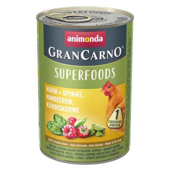 Animonda GranCarno Superfoods 6x400g Huhn & Spinat, Himbeeren, Kürbiskerne