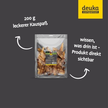 Eine klare Verpackung mit 200g Kaninchenohren-Hundeleckerlis, beschriftet mit "Kaninchenohren" von deuka companion, mit Text, der die Produktsichtbarkeit hervorhebt.