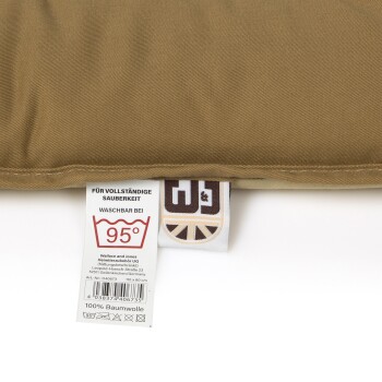 Haustierbett in Beige mit einem Pflegeetikett, das "Waschbar bei 95°C" und das Markenlogo "Wallace and Jones" angibt.