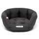 Ein rundes, plüschiges schwarzes Haustierbett mit weichem Innenraum und erhöhten Rändern, mit einem "Doctor Bark"-Logo an der Seite.