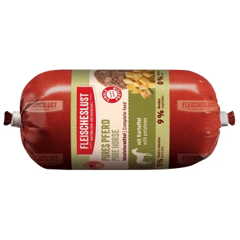 Rote Fleischeslust-Tiernahrungsrolle mit Aufschrift 'Pure Horse' mit Kartoffeln — 75 % Fleisch & Innereien, 9 % Gemüse