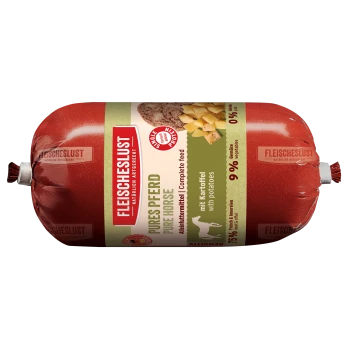 Rote Fleischeslust-Tiernahrungsrolle mit Aufschrift 'Pure Horse' mit Kartoffeln — 75 % Fleisch & Innereien, 9 % Gemüse