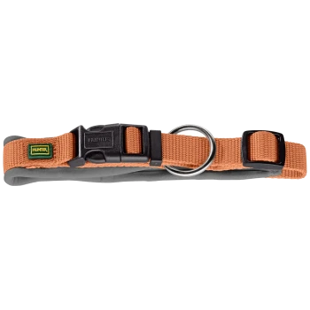 Oranges Hundehalsband mit einer schwarzen Schnalle und einem metallischen D-Ring, mit einem kleinen grünen und gelben 'HUNTER'-Logo.