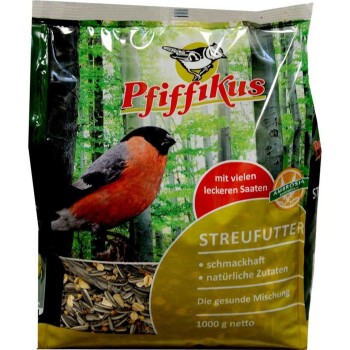 Pfiffikus Vogelfuttersack mit einem rot-schwarzen Vogel, sichtbaren Samen und Waldhintergrund; Text 'Streufutter', 'mit vielen leckeren Saaten', '1000 g netto'.
