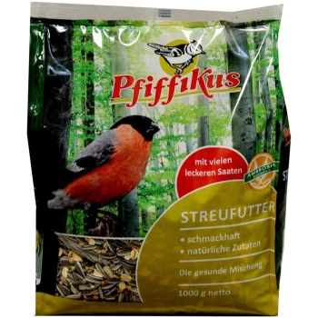 Pfiffikus Vogelfuttersack mit einem rot-schwarzen Vogel, sichtbaren Samen und Waldhintergrund; Text 'Streufutter', 'mit vielen leckeren Saaten', '1000 g netto'.