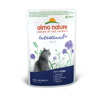 Almo Nature Intestinal Help Nassfutter für erwachsene und reife Katzen, mit einer Katzensilhouette und floralem Design, beschriftet "Mit Fisch."