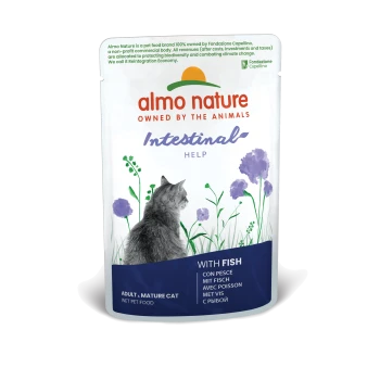 Almo Nature Intestinal Help Nassfutter für erwachsene und reife Katzen, mit einer Katzensilhouette und floralem Design, beschriftet "Mit Fisch."
