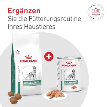 Royal Canin Glycobalance Hundefuttersack und Dose mit Kroketten; deutscher Kopftext: "Ergänzen Sie die Fütterungsroutine"