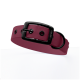 Ein kastanienbrauner Hundehalsband mit einer schwarzen Schnalle und einem Metallring, mit dem eingeprägten Text "THE DOG IDEA" auf der Schnalle.