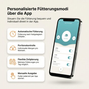 Smartphone zeigt WLAN‑Futterautomaten-App und deutsche Überschrift 'Personalisierte Fütterungsmodi über die App'.