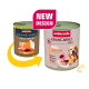 Animonda GranCarno Hundefutterdosen (alt und neu), 'NEW DESIGN'-Tag, 'Single Protein Huhn Pur / Pure Chicken', Hundeabbild.