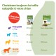 Affiche Whimzees en français : 'Choisissez toujours la taille adaptée à votre chien' et sceau rouge '1 friandise conseillée/jour', guide de portions selon la taille