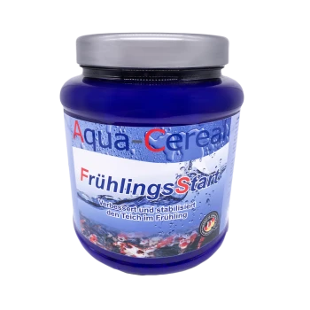 Aqua-Cereal FrühlingStart Behälter, blau mit weißem und rotem Text, behauptet, Teiche im Frühling zu verbessern und zu stabilisieren.