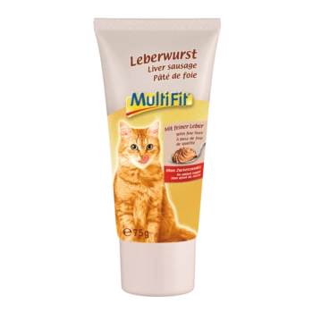 Tube MultiFit leverworst voor katten, met een kat die zijn lippen likt, met tekst in het Duits en Engels over het product.