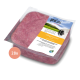 Rohes Hackfleisch in einer weißen quadratischen Schüssel, auf einer Holzoberfläche platziert, geeignet für Haustierfutter.