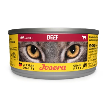 Eine Anzeige von acht Dosen Josera Katzenfutter, beschriftet "Rindfleisch", in einer gelben Box. Enthält den Text "Getreidefrei" und "Deutsche Qualität".