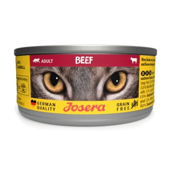 Eine Anzeige von acht Dosen Josera Katzenfutter, beschriftet "Rindfleisch", in einer gelben Box. Enthält den Text "Getreidefrei" und "Deutsche Qualität".