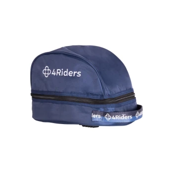 Navyblaue Haustiertragetasche mit abgerundetem oberen Teil, mit dem Logo "4Riders" in Weiß auf der Vorderseite und dem Riemen.