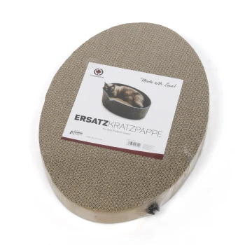 Ovales Katzenkratzbrett mit einem Etikett, das 'Ersatz Kratzpappe für das Fitzbett Oven' liest, mit einer Katzenillustration.