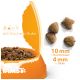 Erwachsenen Katzenfutter mit frischem Huhn in einer orangefarbenen Schüssel, mit Krokettenstücken und Maßen: 10 mm Durchmesser, 4 mm Dicke.