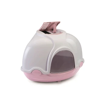 Eine stilvolle Katzentoilette in Weiß und Pink, mit einer oberen Öffnung mit einem Gitter und einer transparenten Vorderseite.