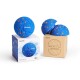 Cheerble Wicked Ball Air intelligentes interaktives blaues Hundespielzeug mit orangefarbenen Flecken, ganz und geteilt auf Verpackungskartons gezeigt.