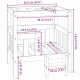 Illustration eines hölzernen Haustierbettes mit in Zentimetern und Zoll beschrifteten Abmessungen, mit einem Latten-Design und einer kleinen Schublade.