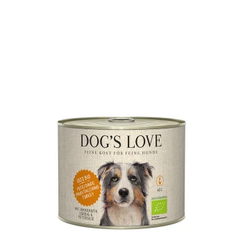 Boîte de nourriture pour chiens DOG'S LOVE avec une illustration de chien, étiquetée "100% BIO Pute/Inde" et "Feine Kost für feine Hunde."