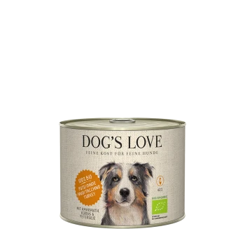 Dose DOG'S LOVE Hundefutter mit einer Hundillustration, beschriftet mit "100% BIO Pute/Inde" und "Feine Kost für feine Hunde."