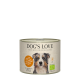 Dose DOG'S LOVE Hundefutter mit einer Hundillustration, beschriftet mit "100% BIO Pute/Inde" und "Feine Kost für feine Hunde."