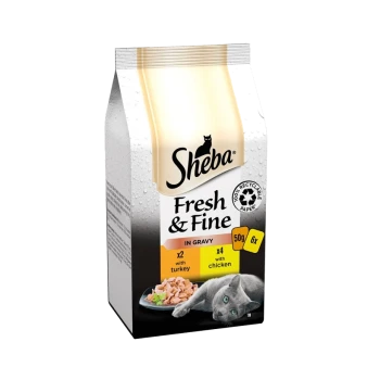 Sheba Fresh & Fine cat food packaging, featuring a gray cat beside a plate of food, with text indicating 2 servings with turkey and 4 with chicken.