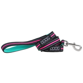Bunte Hundeleine mit schwarzen, rosa und türkisfarbenen Streifen, mit einem Metallclip und DOOG-Branding.