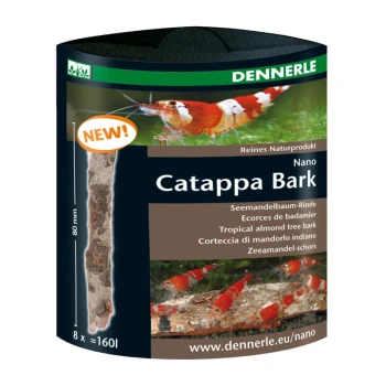 Catappa Barks Verpackung für Dennerle Nano Catappa Bark, mit einem Bild von einer Garnele, Produktnamen und mehrsprachigen Beschreibungen der Rinde.