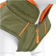 Grün-orange Hundejacke mit Reißverschluss und reflektierendem Besatz an einer weißen Schaufensterpuppe.