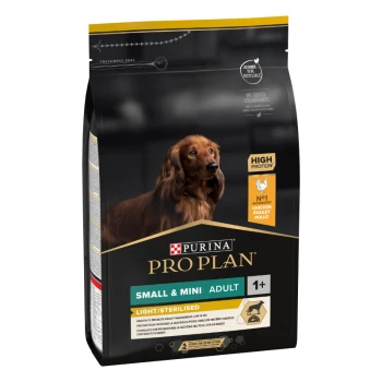 Sac de nourriture pour chien Purina Pro Plan pour petits/moyens adultes, étiqueté léger/stérilisé, haute teneur en protéines, avec du poulet comme ingrédient principal.