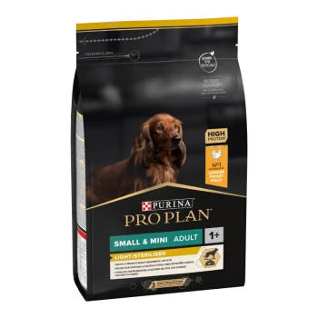 Purina Pro Plan Hundefuttertasche für kleine/mini Erwachsene, beschriftet leicht/sterilisiert, hoher Proteingehalt, mit Huhn als Hauptzutat.