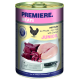 Boîte de nourriture pour chien étiquetée "Premiere Meati" avec du poulet, présentant des poitrines de poulet crues et du foie sur une planche à découper, et le texte "for meat lovers."