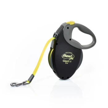 Czarna i żółta elastyczna smycz dla psa Giant M, o długości 8 metrów, z wygodnym uchwytem i metalowym klipsem do mocowania.