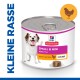 Dosenfutter für Hunde, gekennzeichnet als 'Hill's Science Plan' für kleine und Mini-Rassen, mit Hühnermousse, geeignet für erwachsene Hunde im Alter von 1-6 Jahren.