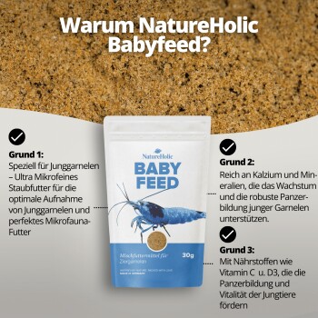 NatureHolic BABY FEED 30-g-Beutel mit blauem Garnelenmotiv, deutsche Überschrift 'Warum NatureHolic Babyfeed?'