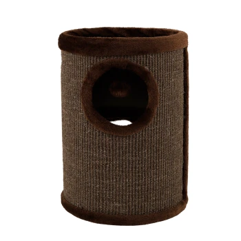 Brauner Katzenkratzbaum mit einem runden Eingang und weichem, plüschigem Rand oben und unten.