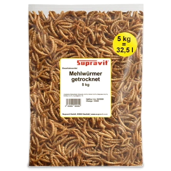 5 kg Beutel getrockneter Mehlwürmer von Supravit, beschriftet mit Nährwertangaben und Volumenäquivalenz.
