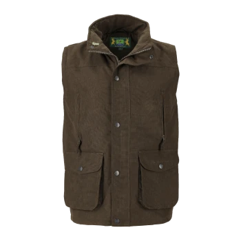 Braune Outdoor-Weste mit vorderen Knöpfen, Reißverschlusstaschen auf der Brust und Klappentaschen, innen am Kragen mit "Hunter Outdoor" beschriftet.
