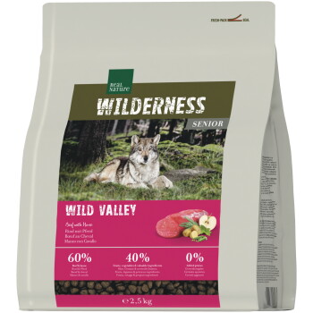 Sack Real Nature WILDERNESS Senior Hundefutter "Wild Valley" mit Wolfsbild, 60% Fleisch, 40% Obst/Gemüse, 0% Getreide, 2,5 kg.