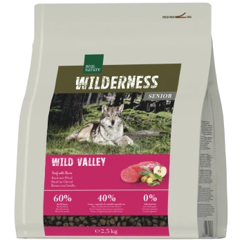 Sack Real Nature WILDERNESS Senior Hundefutter "Wild Valley" mit Wolfsbild, 60% Fleisch, 40% Obst/Gemüse, 0% Getreide, 2,5 kg.