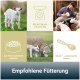Collage aus Lämmern und einem Zicklein, Fütterungssymbole und deutscher Text 'Bis zu 2 kg pro Tier und Tag', 'Empfohlene Fütterung'.