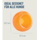 Oranges Hundespielzeug mit einem hohlen Zentrum, 12,7 cm groß, beschriftet mit "Ideal geeignet für alle Hunde".