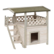 Holzhaustierhaus mit schrägem Dach, Balkon und Treppe, mit einem gemütlichen Eingang für Haustiere.